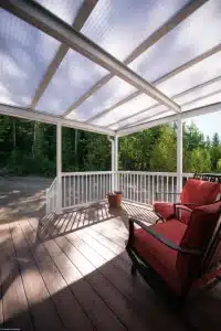 Durable acrylic patio cover providing shade and weather protection for a beautiful outdoor living space with seating and garden side.